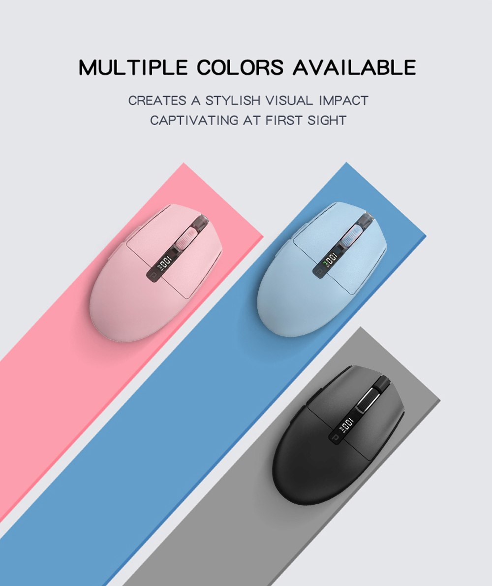 Three color options shown — Dual-Mode Wireless Mouse with Battery Display