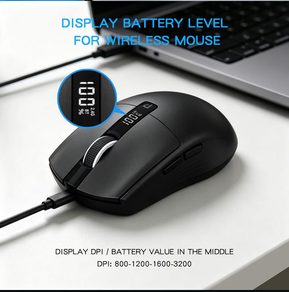 Central display for battery level and DPI — Dual-Mode Wireless Mouse with Battery Display