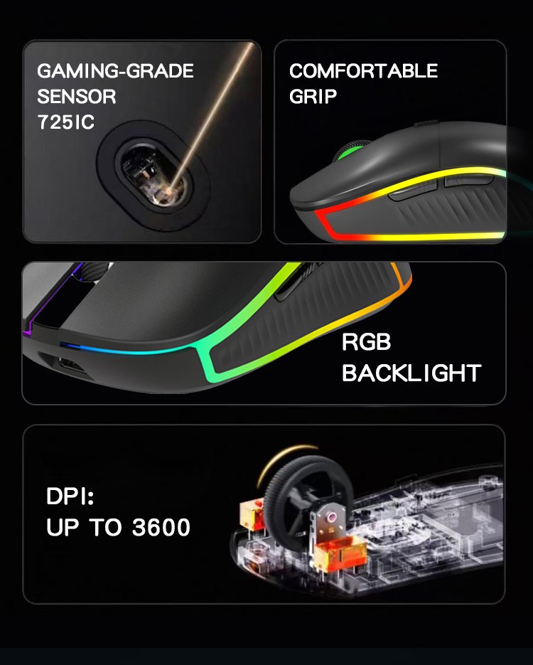 Sensor, grip, RGB and DPI feature callouts — 8-Button RGB Wired Gaming Mouse
