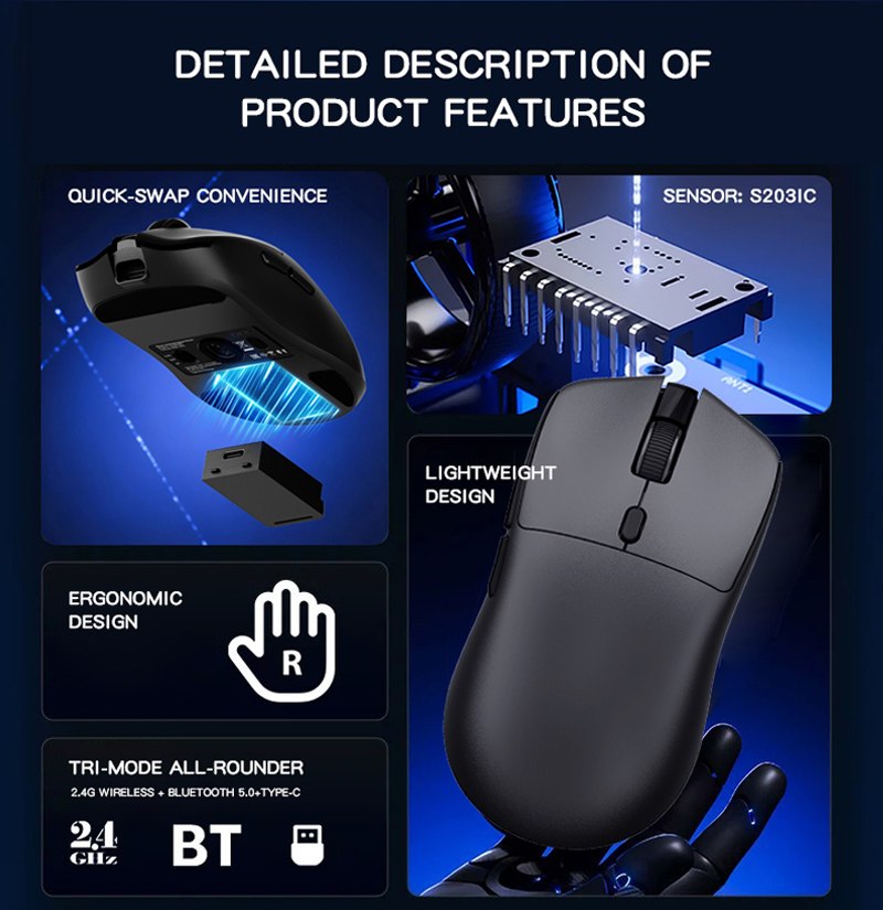 Mouse feature overview and sensor callout — GM633 Tri-Mode Gaming Mouse with Removable Battery