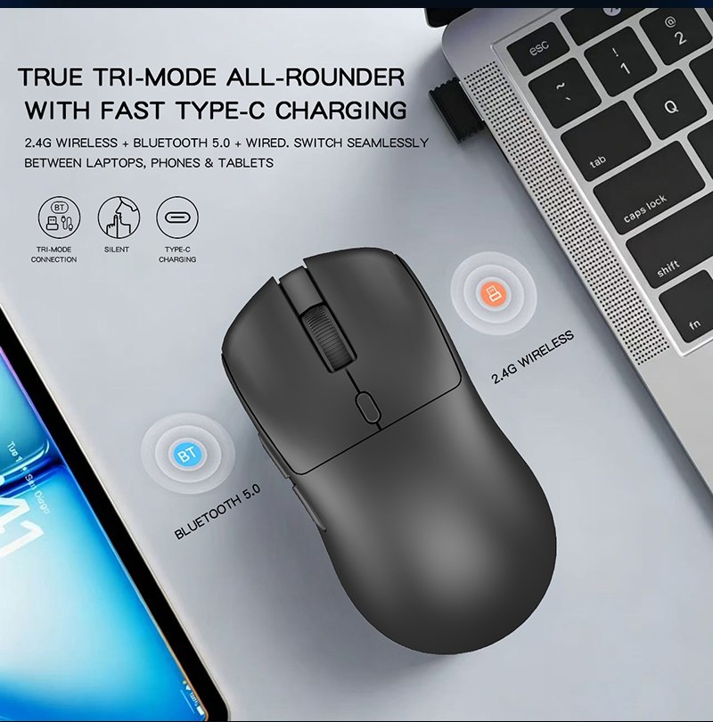 2.4 GHz, Bluetooth and wired Type-C connections — GM633 Tri-Mode Gaming Mouse with Removable Battery