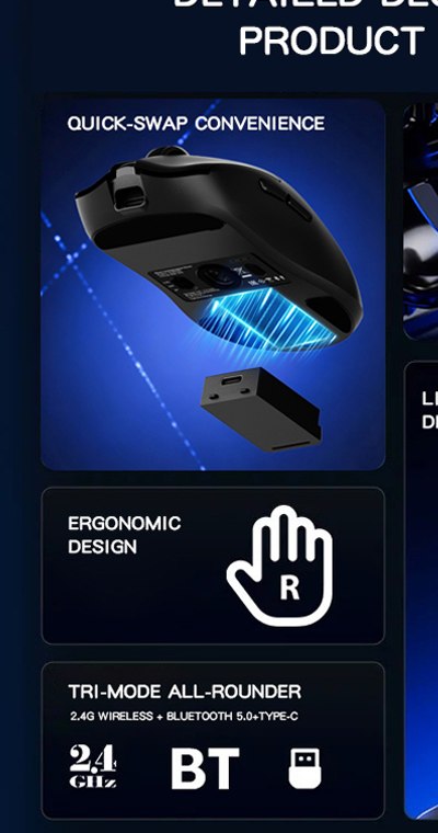 Close-up of quick-swap battery design — GM633 Tri-Mode Gaming Mouse with Removable Battery