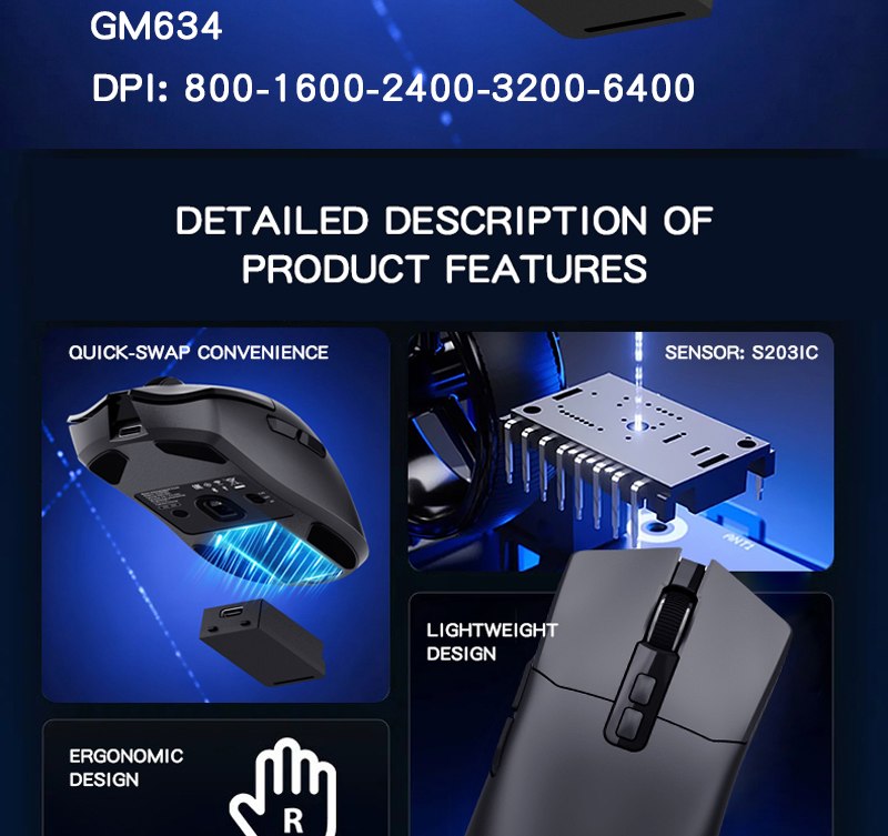Mouse detail and sensor feature panel — GM634 Tri-Mode Gaming Mouse with Removable Battery