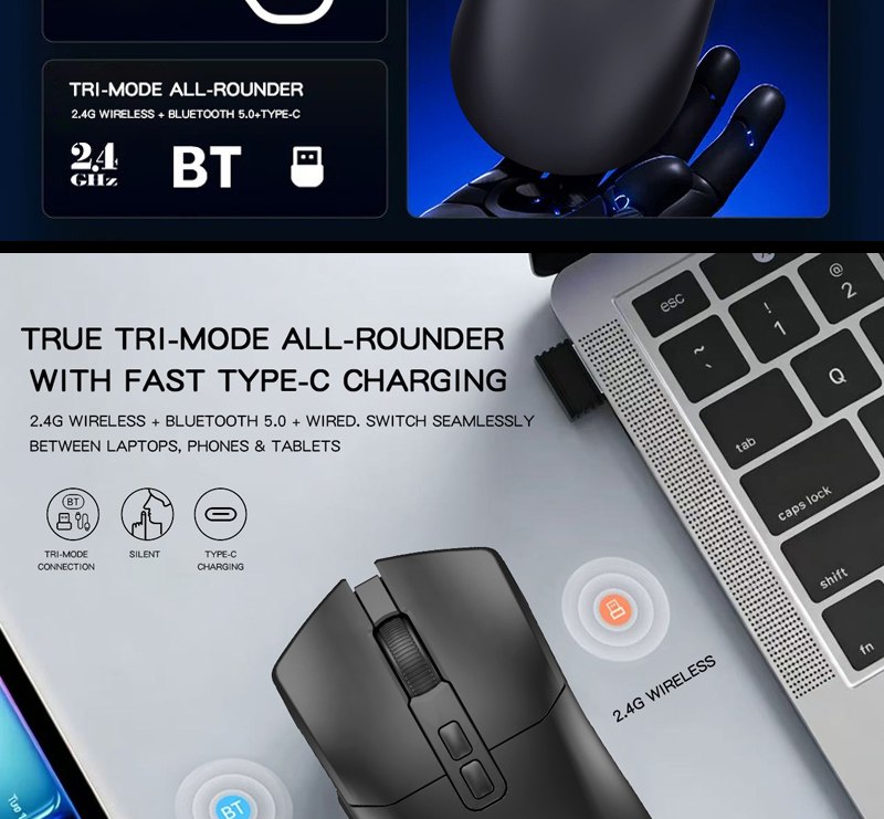 2.4 GHz, Bluetooth and wired Type-C connection — GM634 Tri-Mode Gaming Mouse with Removable Battery