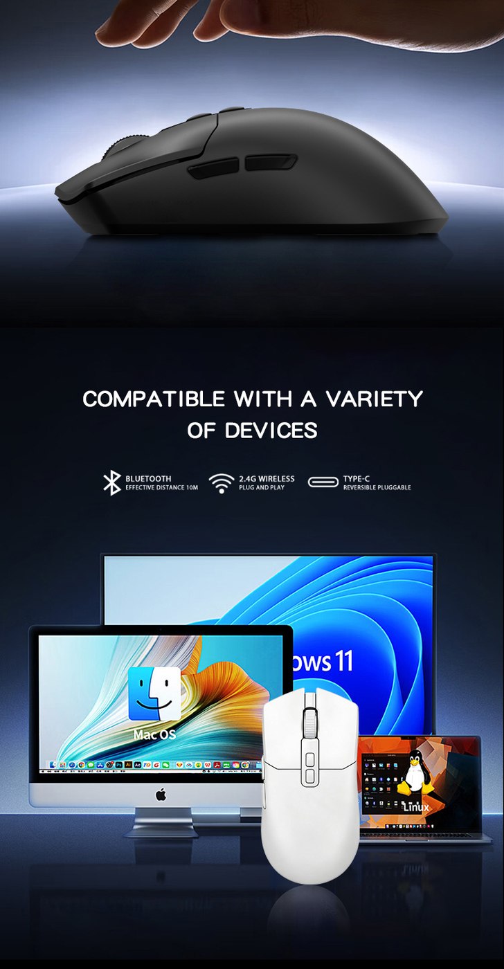 Compatibility and device connection artwork — GM634 Tri-Mode Gaming Mouse with Removable Battery