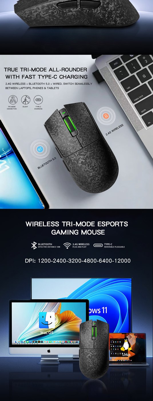 Wireless tri-mode connections and DPI options — GM638 Carbon-Fiber Tri-Mode Gaming Mouse