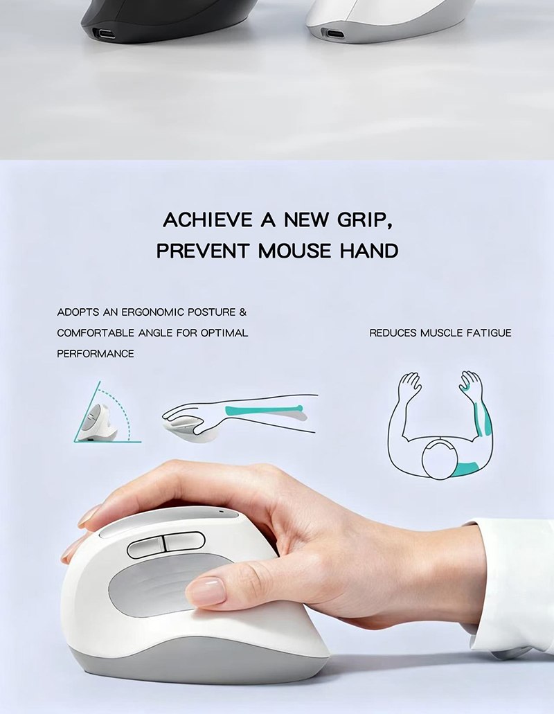 Hand position and ergonomic grip illustration — Tri-Mode Ergonomic Vertical Mouse