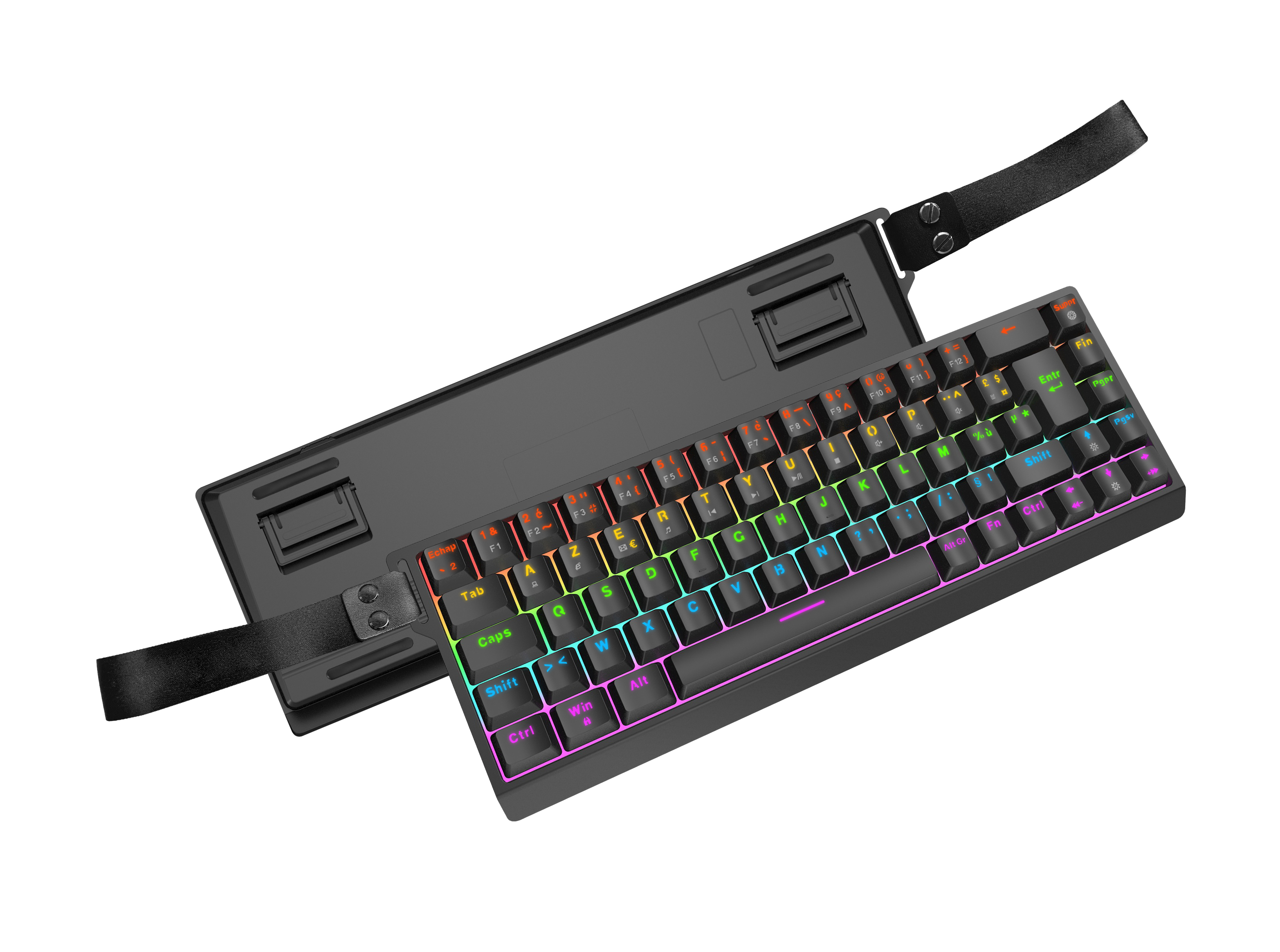 MK660 dark RGB magnetic keyboard showing rear case and fold-out feet