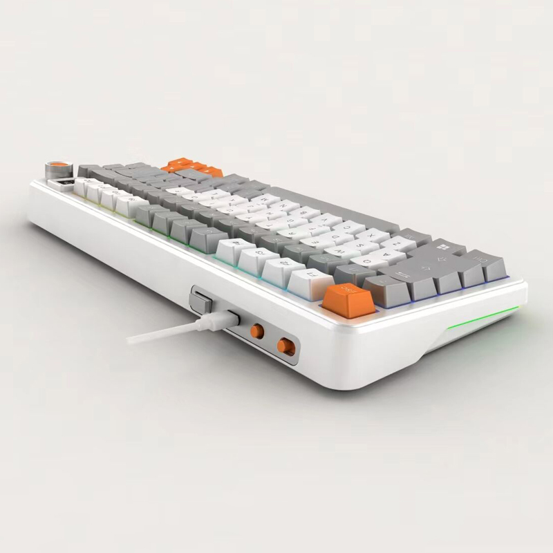 MK663-ME white mechanical keyboard, angled side view showing case and connection controls