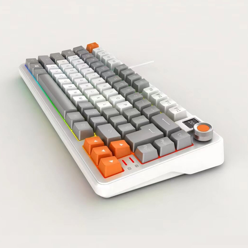 MK663-ME white, gray and orange mechanical keyboard, angled view