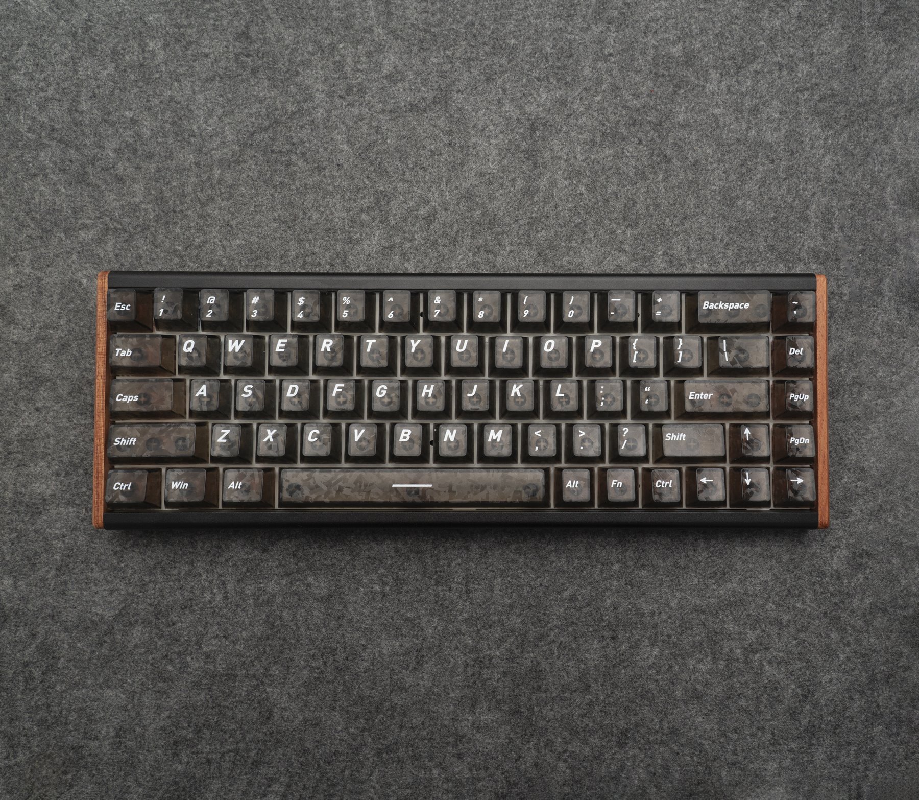 MK665 compact RGB magnetic keyboard with aluminum body and wood side panels, front view