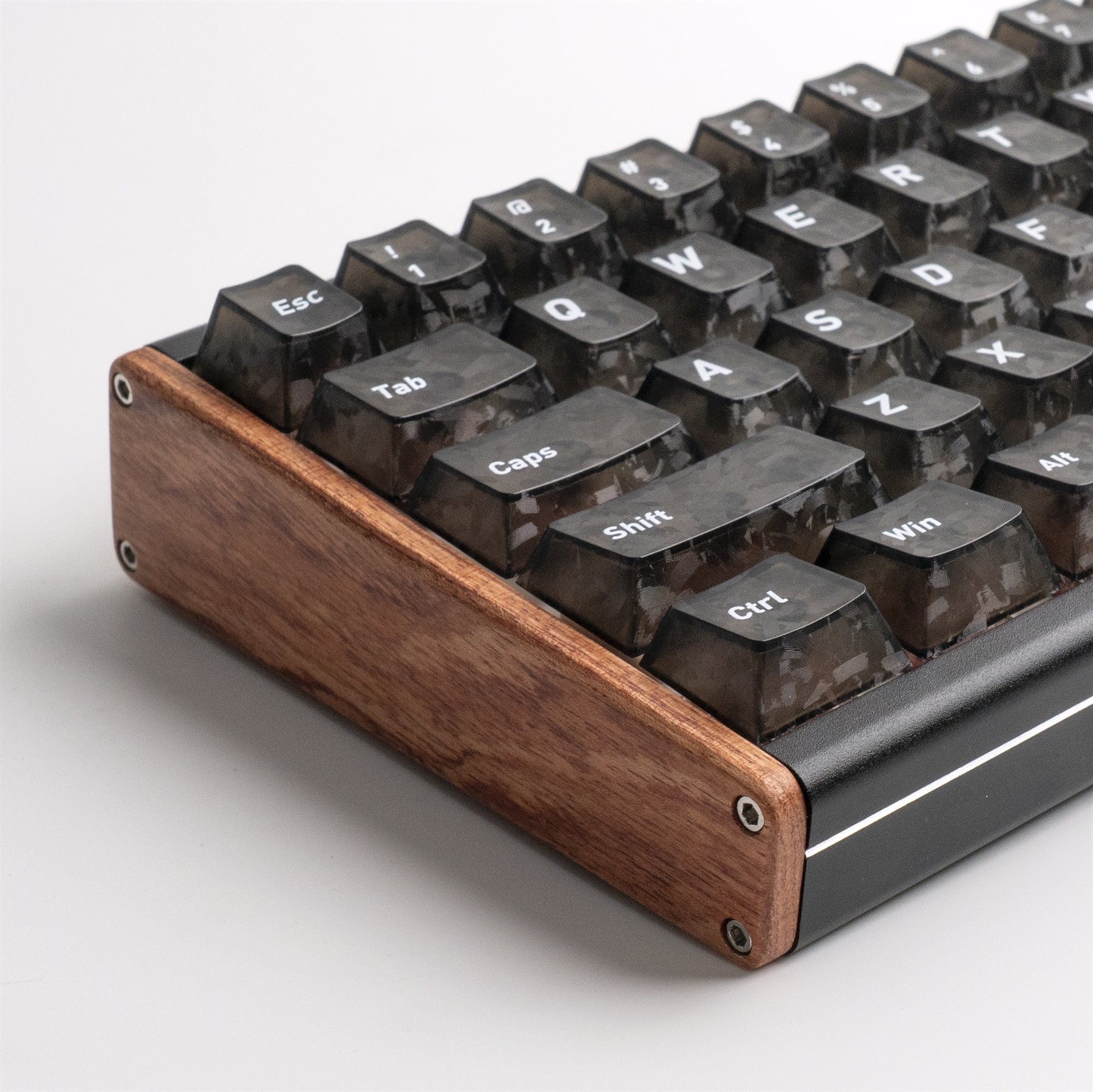 Close-up of MK665 wooden side panel and keycaps