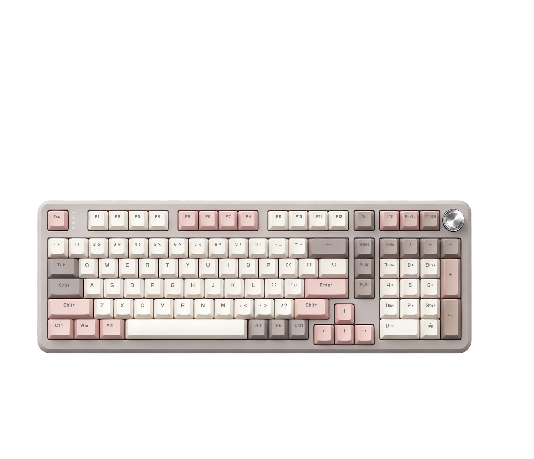 MK700 pink colorway full-size keyboard, angled view