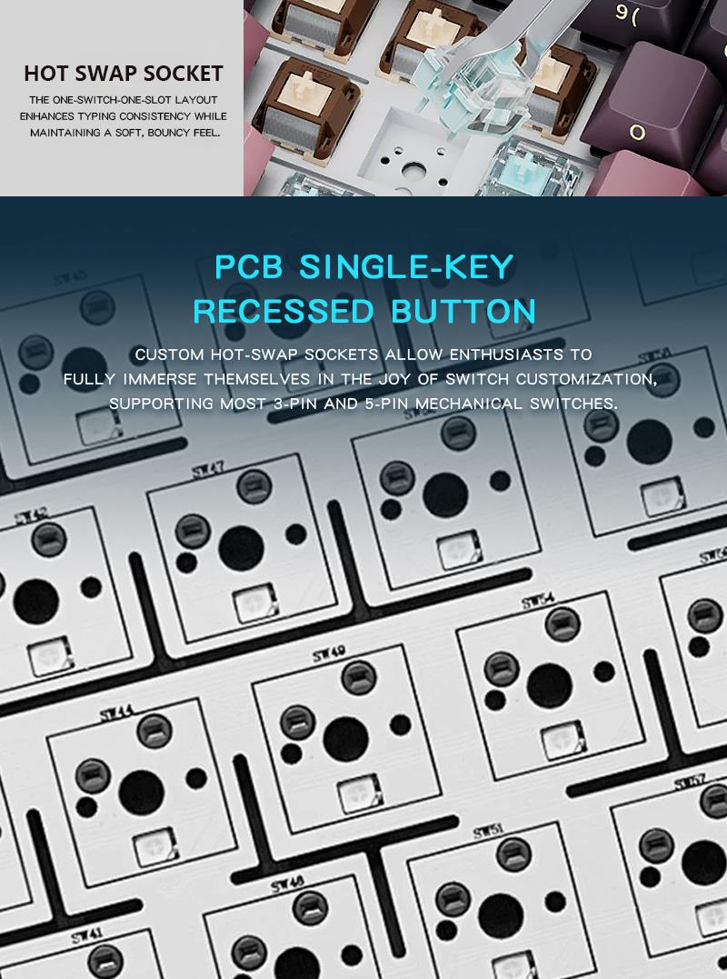 MK708 hot-swap sockets and per-key recessed PCB design