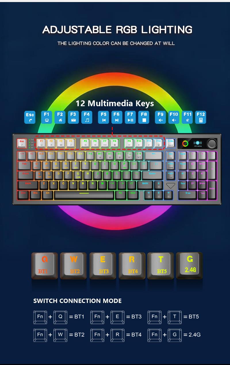 MK708 adjustable RGB lighting, 12 multimedia keys and connection mode shortcuts